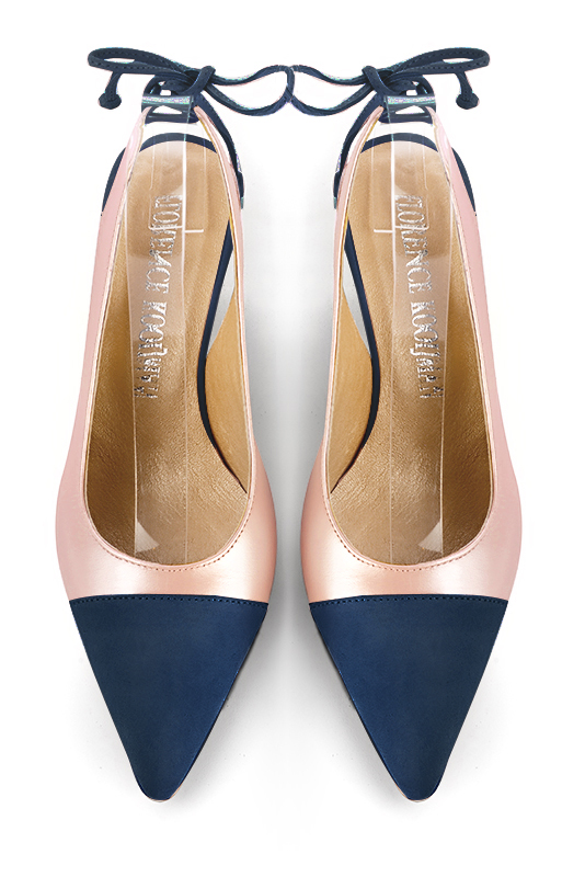 Navy blue and powder pink women's slingback shoes. Pointed toe. Medium spool heels. Top view - Florence KOOIJMAN